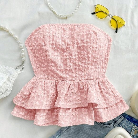 Baby Pink Boho Women's Vacation Jacquard Tie Backless Tube Top - Picture 5 of 6